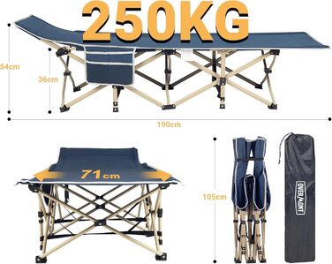 Розкладне ліжко Overmont для кемпінгу, 190x71x36 см, до 250 кг, 2400D Oxford, з кишенею, сумка, блакитне похідне ліжко без матрацу
