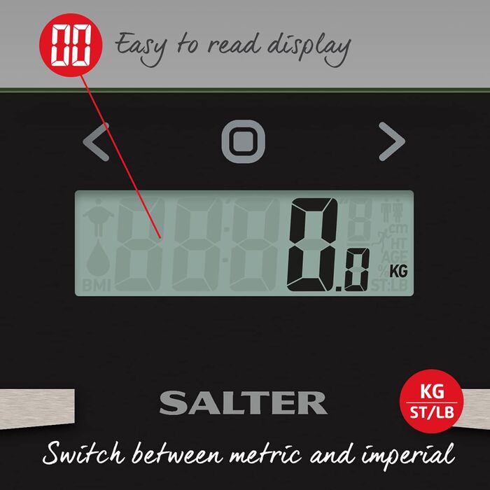 Ваги для ванної Salter 9121 BK3R, скляні, 180 кг, вимірювання ваги, жиру, води та ІМТ, 12 користувачів, LCD-дисплей, атлетичний режим, чорні