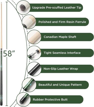 Більярдний кий 18/19/20/21 oz, 58' - професійний кий для більярду з наконечником 13mm, 1/2 кий для ігор 8/9 куль (зелений, 19oz)