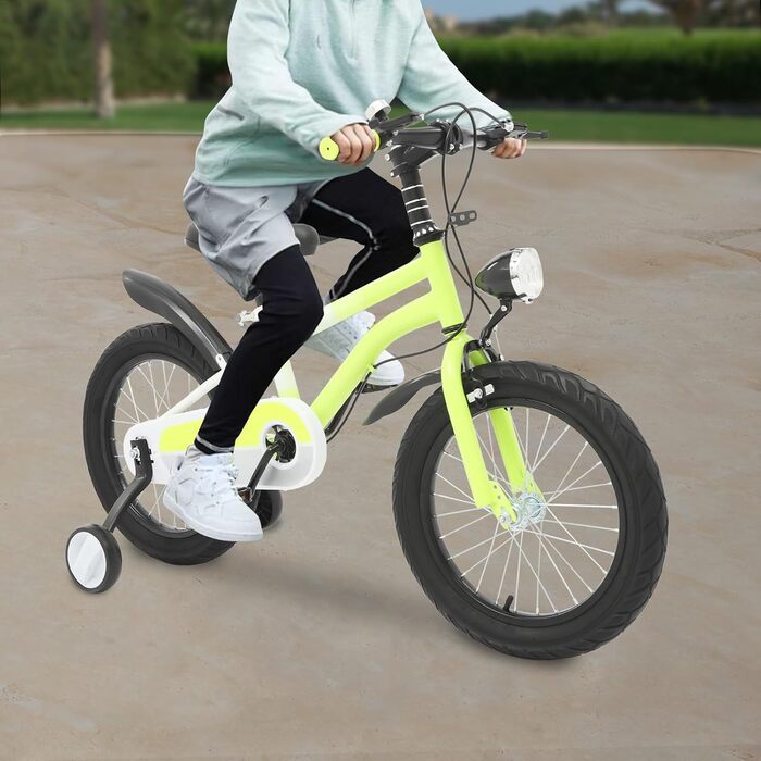 Дитячий велосипед 16 дюймів для дітей 5-8 років, регульована висота, з додатковими колесами та LED-ліхтариком (жовтий)