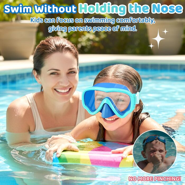 Дитячі маски для снорклінгу Vvinca з тканинним ремінцем, маски для плавання для дітей 3-14 років, хлопчиків та дівчаток, маска для дайвінгу 180° панорамний анти-затоплення (2-блакитний+зелений)