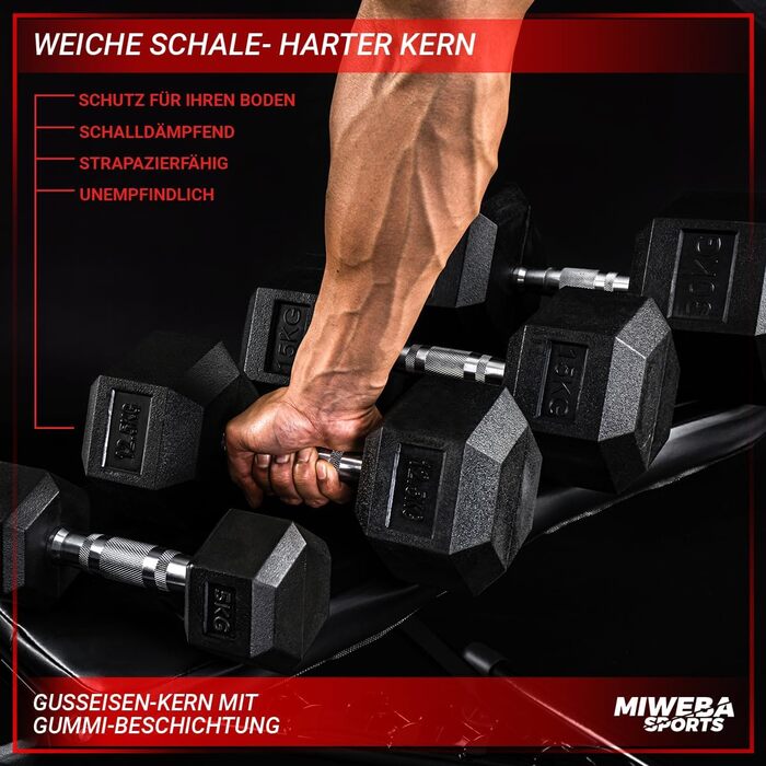 Гантелі шестигранні Miweba Sports HGH100, 2,5-30 кг, пара, гантельний набір, гантелі з литого чавуну, ергономічна ручка, вага 5 кг, професійні короткі гантелі