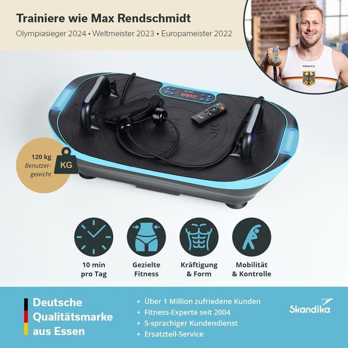 Вібраційна платформа Skandika V2 | Тренувальні ручки та стрічки, Оздоблювальна вібрація, Вигнутий дизайн, Тихий мотор, 99 рівнів, LCD-дисплей | Спортивний комплекс для дому Skandika блакитно-чорний