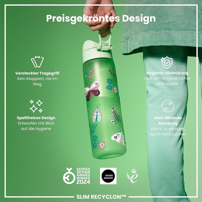 Пляшка для води Ion8 500 мл, не протікає, легка чистка, BPA-free, з ручкою та кришкою, з метеликами, для спорту та школи