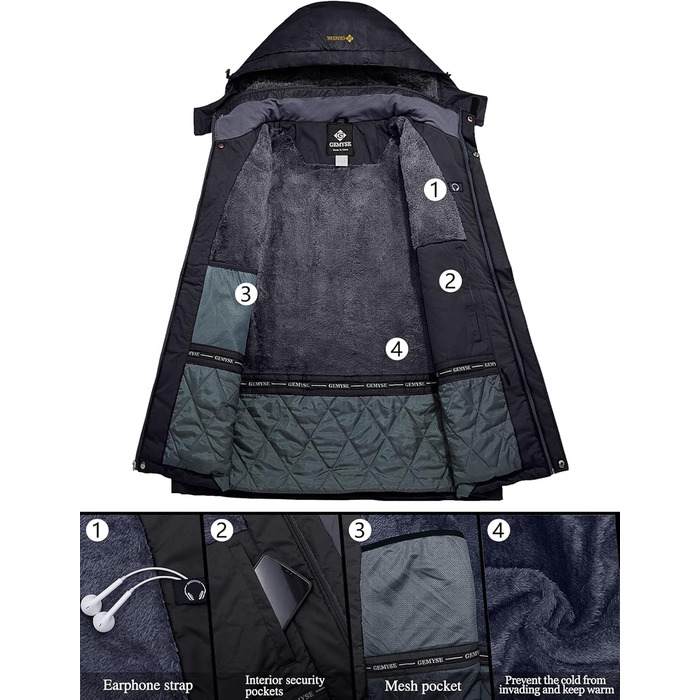 Чоловіча водонепроникна лижна куртка GEMYSE з флісовою підкладкою, чорна