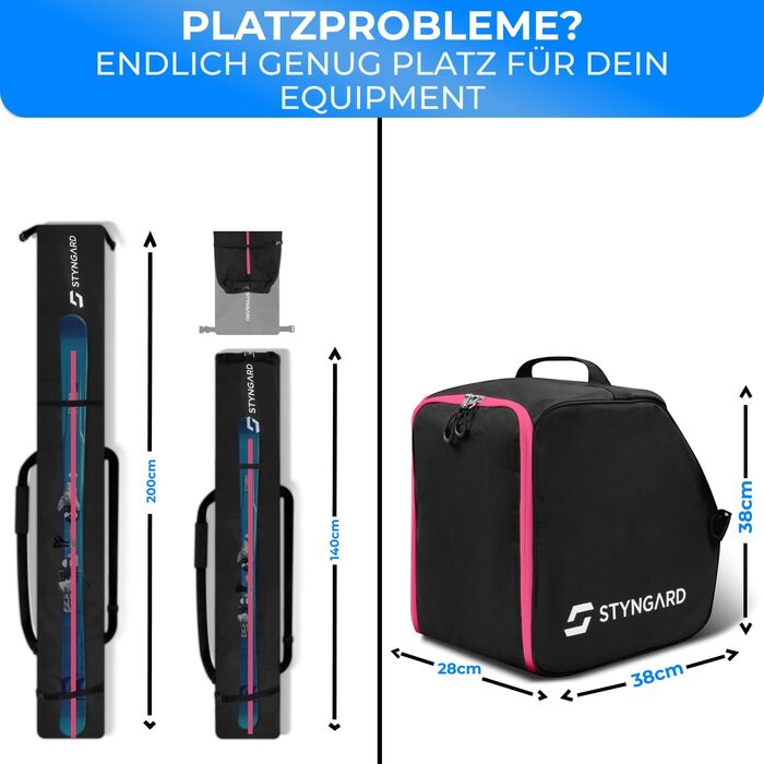 Набір STYNGARD для гірськолижного спорядження: сумка для лиж (120-160 см) та сумка для черевиків з відділенням для шолома (40 л), сітка для вентиляції, модель St. Moritz, чорно-рожевий