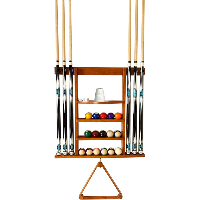 Підставка для бильярдної кулі та кия на стіну, 6 відділень, з масиву дуба, для аксесуарів до більярдного столу