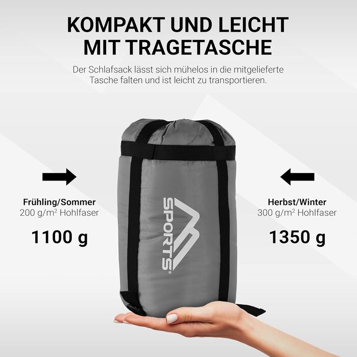 Спальний мішок MSPORTS Premium Outdoor з ременем для перенесення - вибір на весну/літо (200 GSM) або осінь/зима (300 GSM) для кемпінгу, подорожей, фестивалів. Теплий спальник у формі кокона (мумії) оливкового кольору (сріблясто-сірий, 300 GSM - для осені/