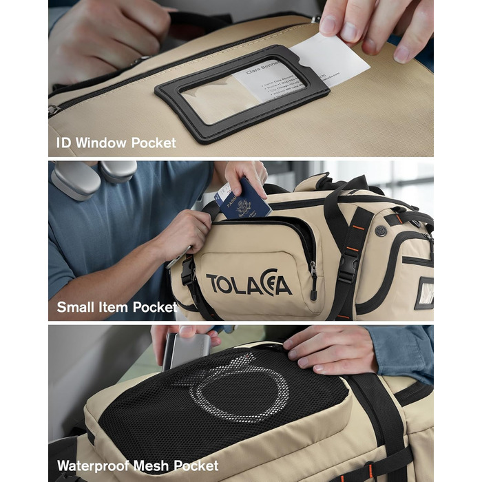 Спортивна сумка-рюкзак Tolaccea для чоловіків та жінок – велика дорожня сумка з відділенням для взуття, мокрою одежі та ноутбука (15,6'') – водонепроникна сумка-мішок для відпочинку, фітнесу, спорту та подорожей (Хакі, 40л)