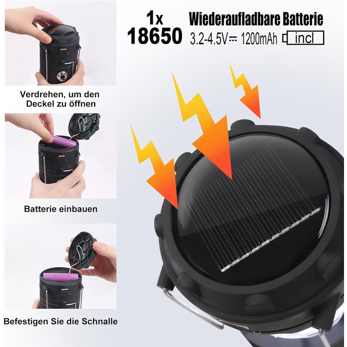 Сонячна кемпінгова лампа EXTRASTAR: LED ліхтар 5W, 2-в-1 (ліхтар + ліхтар для намету), USB/Сонячна/Акумуляторна, водонепроникна, для відпочинку на природі, риболовлі, кемпінгу та походів