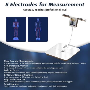 Вага для вимірювання жиру в тілі з датчиками на ручках, вага з великим дисплеєм, 8 високоточних сенсорів та APP, персональна вага з аналізом жиру (32 показники) (Біла)