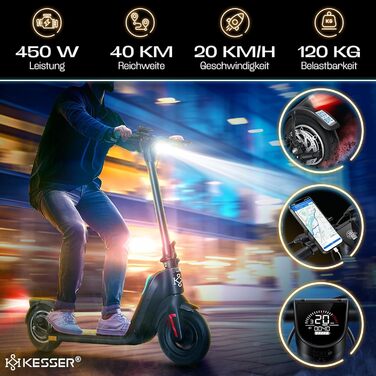 Електросамокат KESSER з дорожнім допуском, 40 км, складаний, 36В 10Аг, мотор 450Вт, навантаження до 120кг, 10