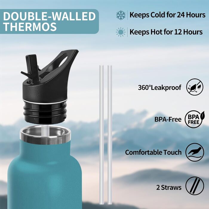 Термопляшка 1000 мл, нержавіюча сталь, без BPA, з соломкою, подвійні стінки, для води та газованих напоїв (темно-зелений & темно-синій)