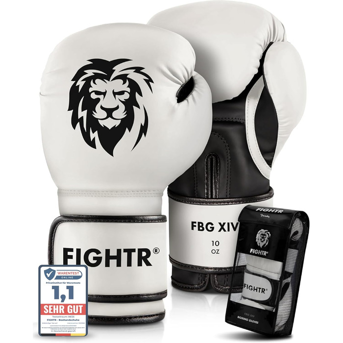 Боксерські рукавички FIGHTR® - Максимальний захист та стабільність | Для боксу, ММА, Муай Тай та кікбоксингу | Розміри 8-16 oz, з сумкою (14 oz, білий/чорний)