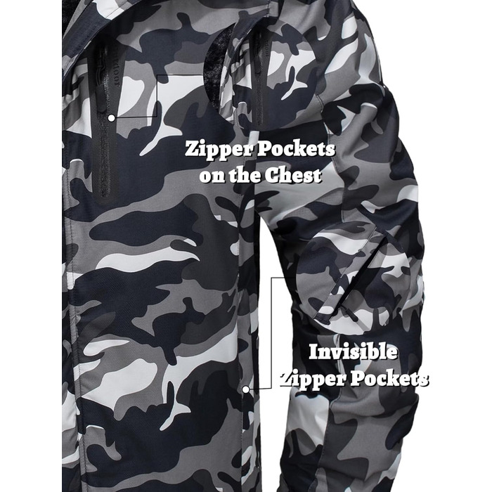 TACVASEN Куртка зимова чоловіча водонепроникна тепла, флісова підкладка, софтшелл, дихаюча, функціональна з відстібною капюшоном (3XL, Чорний камуфляж)