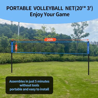 Набір для волейболу на вулиці: портативна сітка, м'яч, насос, сумка, міцна сітка (20 футів, блакитний)