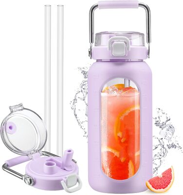 HYDRAGLAZIC 1900 мл пляшка для води з нержавіючої сталі та соломинкою, мотиваційна фляга з силіконовим чохлом і тайммаркером для контролю споживання води, фіолетова
