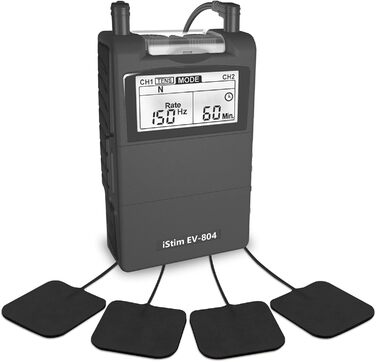iStim EV-804 TENS/EMS: 2-канальний масажер для зняття болю та м'язової стимуляції – 24 програми, 7 режимів, 8 електродів, для спини, шиї, колін