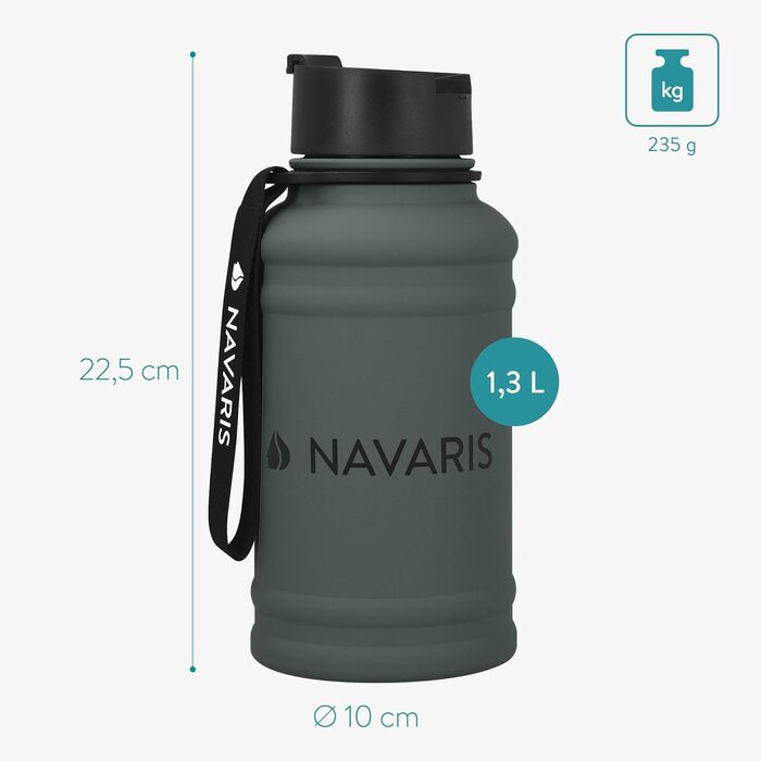 Спортивна пляшка Navaris 1,3 л з нержавіючої сталі, BPA Free, для фітнесу, антрацит