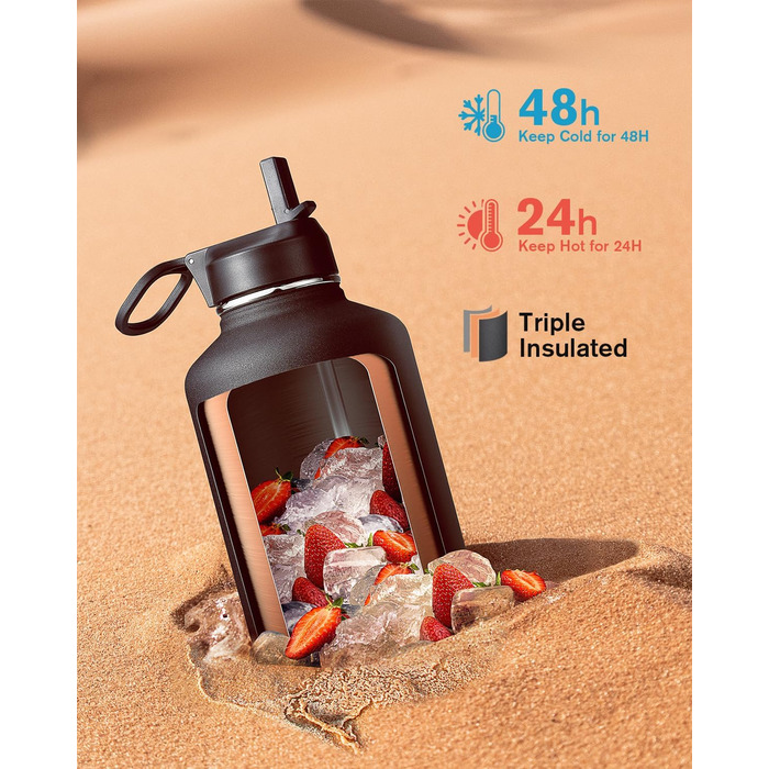 Ізольована пляшка для води Coolflask 2L з трубочкою та 3 кришками, з нержавіючої сталі, для спорту та офісу, подвійне вакуумне покриття, чорна, 2000 мл