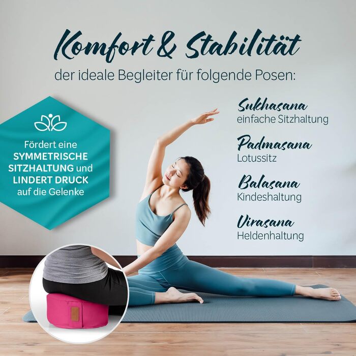 Йога-бостер круглий 30см x 15см | Знімний чохол | Наповнений органічною лузгою гречки (KBA) або органічною шкаралупою (KBA) | Йога подушка для Інь-йоги та медитації (гречка, рожевий)