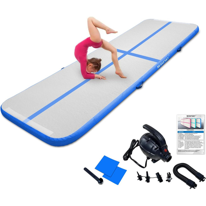 Надувна гімнастична мата Tumble Track, 3м/4м/5м, 10см, протиковзка, для дому, спорту, йоги, фітнесу, челедингу, водного спорту (Блакитна, 300x100x10 см)