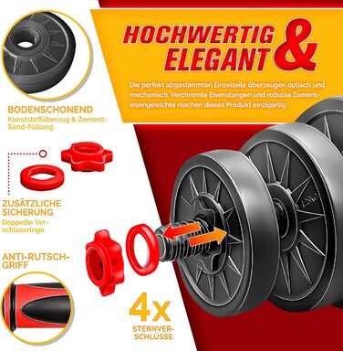 Набір гантелей 2-в-1 Hanteln Set 15-30 кг: регульовані гантелі, штанга зі зірковими фіксаторами, з'єднувальна труба (включно з гирею 40 кг)