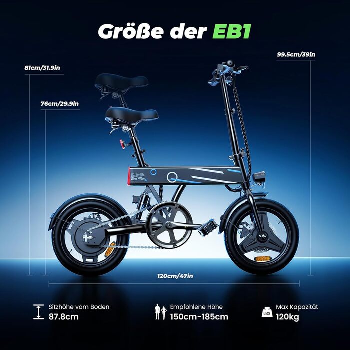 Складаний електровелосипед Finbike 14/16 дюймів, 250 Вт, акумулятор 7.8Ah, швидка зарядка 3 год, 3 режими їзди, запас ходу до 45 км, для дорослих і підлітків