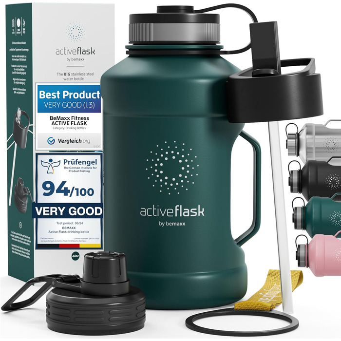 Спортивна пляшка BeMaxx ACTIVE FLASK 1,3 л з нержавіючої сталі, 3 кришки, трубочка, BPA-free, герметична, для води, газованих напоїв, для спорту, фітнесу, туризму