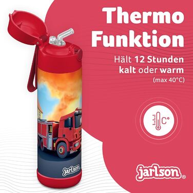 Дитяча термобутилка Charli з трубочкою, нержавіюча сталь, ізольована, 350 мл, для хлопчиків та дівчаток, червона з пожежною машиною