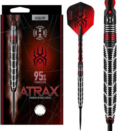 Дротики Harrows Atrax 95% вольфрамові зі сталевим наконечником, набір для дартсу 21–26 г, карбонові ST-шафти, 100 мікрон Atrax Red оперення