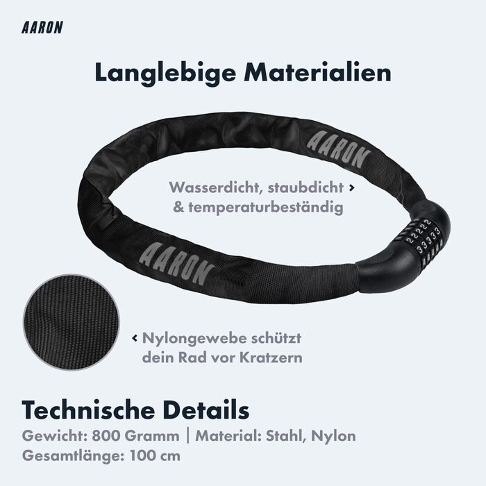 Замок для велосипеда AARON Lock One: стале ланцюгове замкнення з 5-значним кодом, висока безпека, для електровелосипеда, гірського, трекінгового, туристичного та шосе́йного велосипеда, чорний