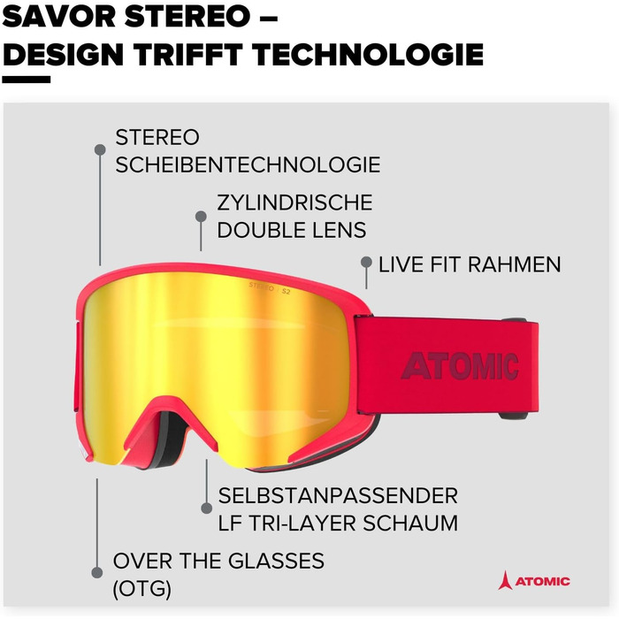 Лижна маска ATOMIC SAVOR STEREO з дзеркальними лінзами, захистом від засліплення, Live Fit, для окулярів, червона