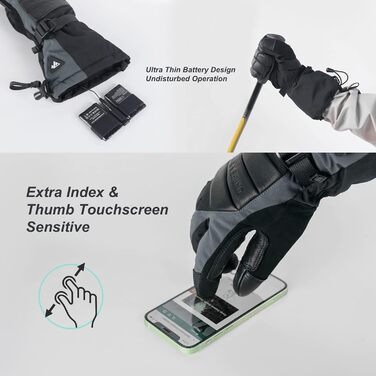 Унігір: Теплі рукавички з підігрівом для жінок та чоловіків, 3 режими, водонепроникні, сенсорні, для катання на лижах, Рейно, Outdoor, чорно-сірий XL