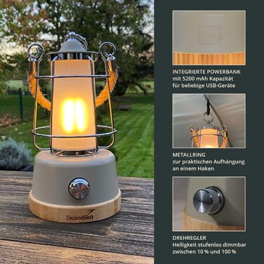 LED кемпінгова лампа Skandika Kiruna beige: ретро дизайн, power bank, регулювання яскравості, USB, сталеве підсвісник, 200 годин роботи