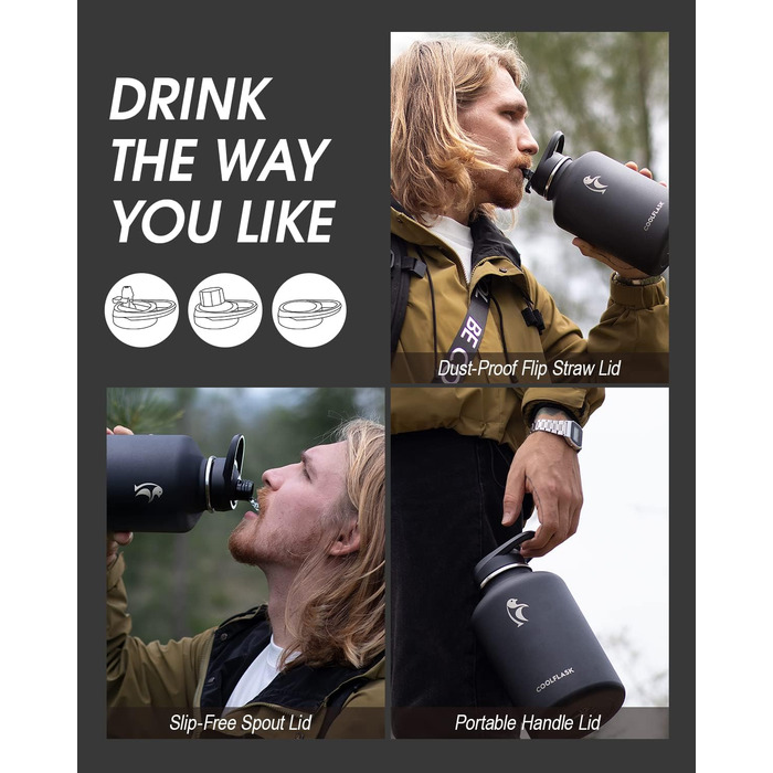 Термос-бутилка Coolflask 2 л з нержавіючої сталі з PU-чохлом, ізольована пляшка для води з кришкою та трубочкою, тримає холод 48 годин і тепло 24 години, чорна Polar