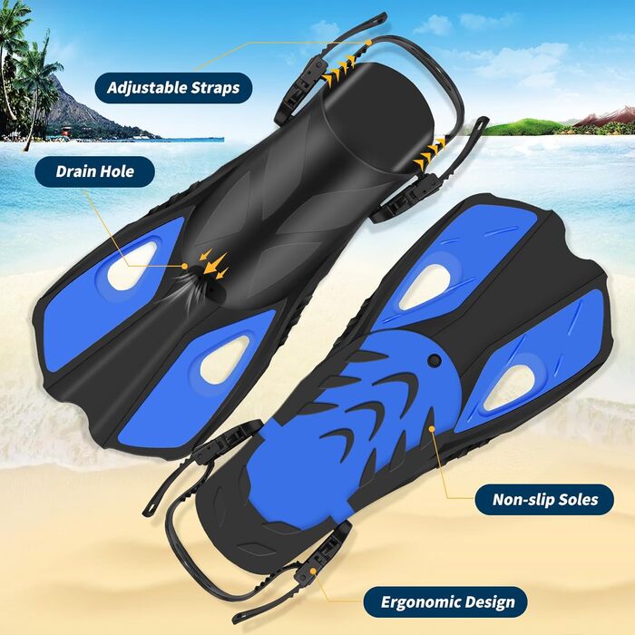 Набір для снорклінгу та дайвінгу для дорослих: маска-половинка, ласти, чохол. Широкий огляд 180°, фіксація камери, регульовані ласти