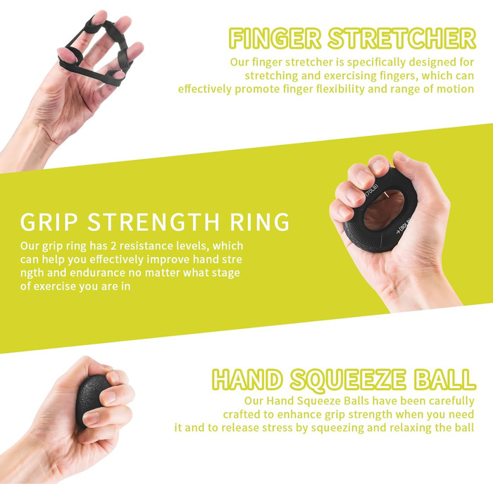 Набір для тренування сили хвата (7 шт.): регульовані тренажери зап'ястя, сумка для зберігання, розтягувач пальців, тренажер зап'ястя, кільце для тренувань та куля для зняття стресу