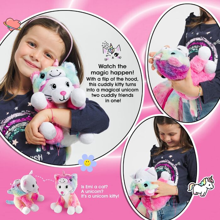 Дитячий рюкзак PERLETTI Kawaii Єдиноріг для дівчаток 3-6 років, знімна плюшева іграшка кішка, м'яка багатоколірна сумка-рюкзак для дитсадка та спорту, веселка