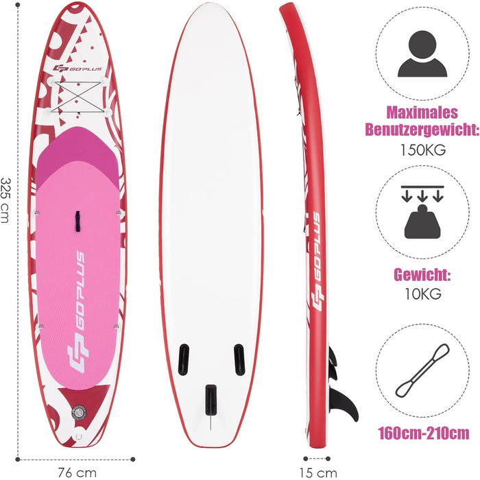Надувна SUP-дошка COSTWAY 325x76x16 см, до 150 кг, з рюкзаком, насосом, регульованим веслом, страховочним шнуром, еластичним шнуром та ремкомплектом, рожева, без сидіння