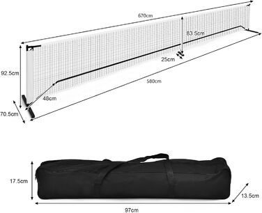 Мережа для тенісу, піклболу, волейболу та бадмінтону COSTWAY 670x92 см, з металевим каркасом та сумкою, для дітей та дорослих, для використання на вулиці, вологостійка