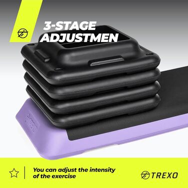 Аеробний степ-платформа TREXO для фітнесу, кардіо та домашніх тренувань, регульована висота 10/15/20 см, навантаження до 250 кг, 109x41 см, рожевий/оранжевий/сірий/зелений/фіолетовий