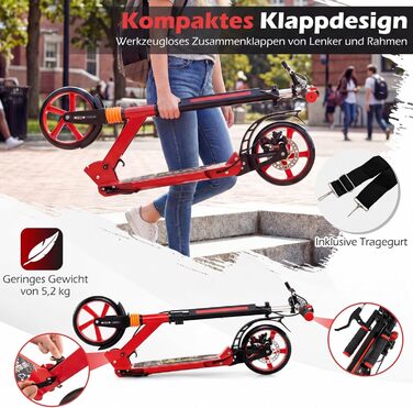 COSTWAY Кискскутер з дзвіночком та підставкою, регульована висота керма, складний, вантажопідйомність до 100 кг, з ременем для перенесення, для дітей та дорослих (червоний)