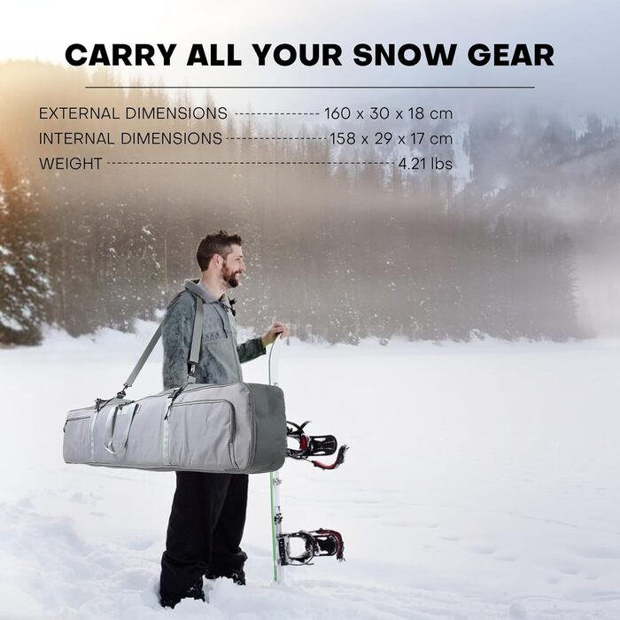 Чохол для сноуборду з повним захистом, водонепроникний, 160 см, міцний поліестер 900D, для сноуборду, лиж, палиць, шолома, взуття. Підходить для перевезення літаком.