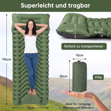 Килимок для кемпінгу Hausprofi Isomatte: ультралегкий надувний килимок з насосом та подушкою, для туризму, пляжу, відпочинку на природі, армійного кольору