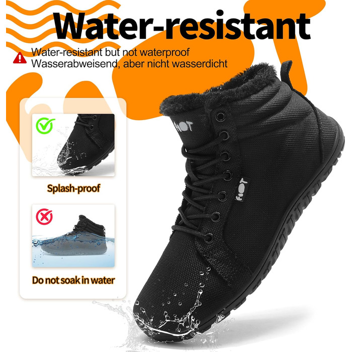 Водонепроникні черевики-сліпони для ходьби Barfuß: жіночі та чоловічі, широкі, для осені/зими, з підкладкою, Zero Drop, підошва Solhe, фітнес, чорні (45 EU)