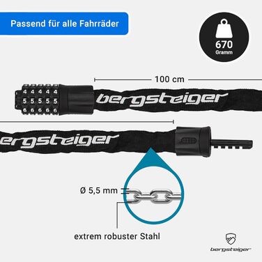 Ланцюговий замок для велосипеда та мотоцикла Bergsteiger, сталевий 5.5 мм, довжина 1000 мм, 5-значний кодовий замок з захисним текстильним покриттям