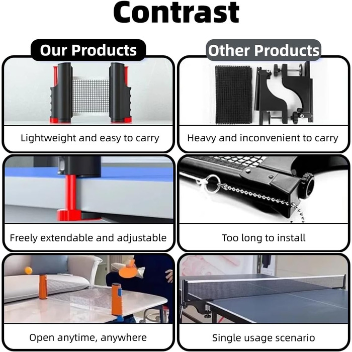Набір для настільного тенісу з регульованою ручкою та сіткою, ідеальний для гри в приміщенні та на вулиці, а також для тренувань. Комплект 2