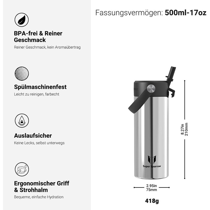 Термофляга Sparrow зі сталі 1Л з трубочкою та гнучким кришкою, stainless steel