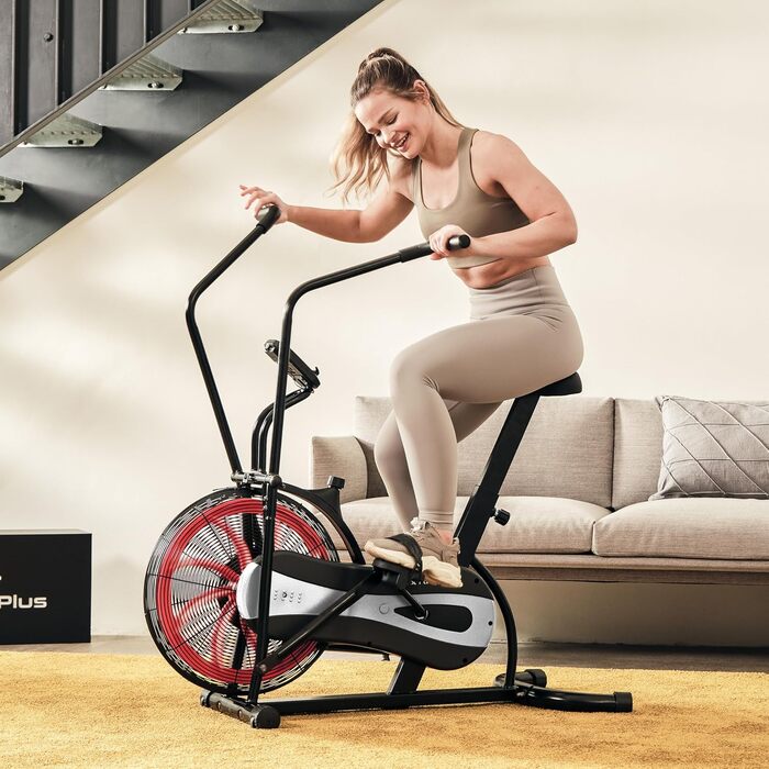 Велотренажер SportPlus Air Bike з повітряним опором, сумісний з додатком, для HIIT, домашній фітнес, підсвічування дисплея, навантаження до 100 кг, чорний/червоний, не підтримує додатки